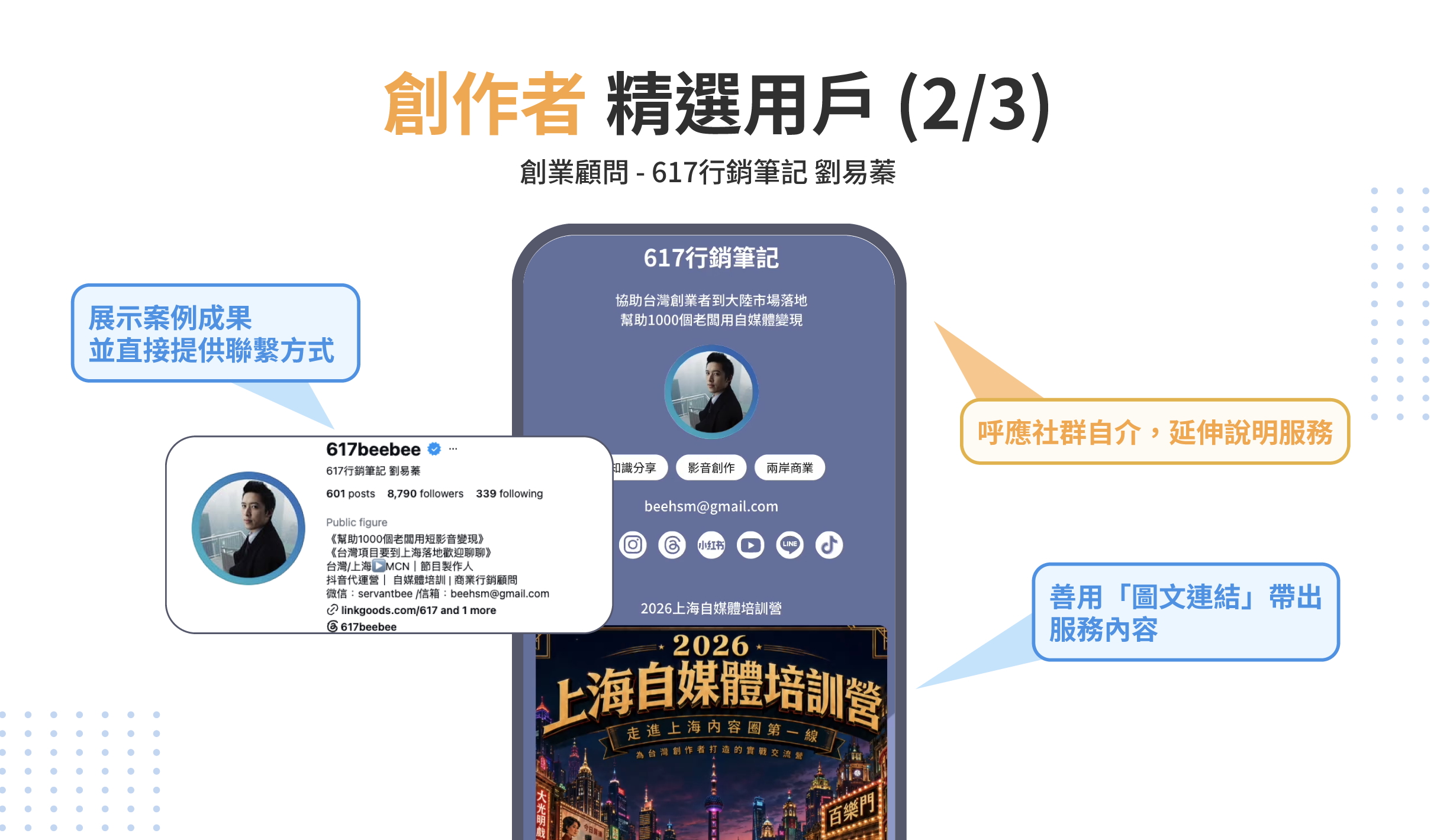 以 LINKGOODS 用戶中的創業顧問為例，示範社群自介要打什麼，以及多連結工具如何運用