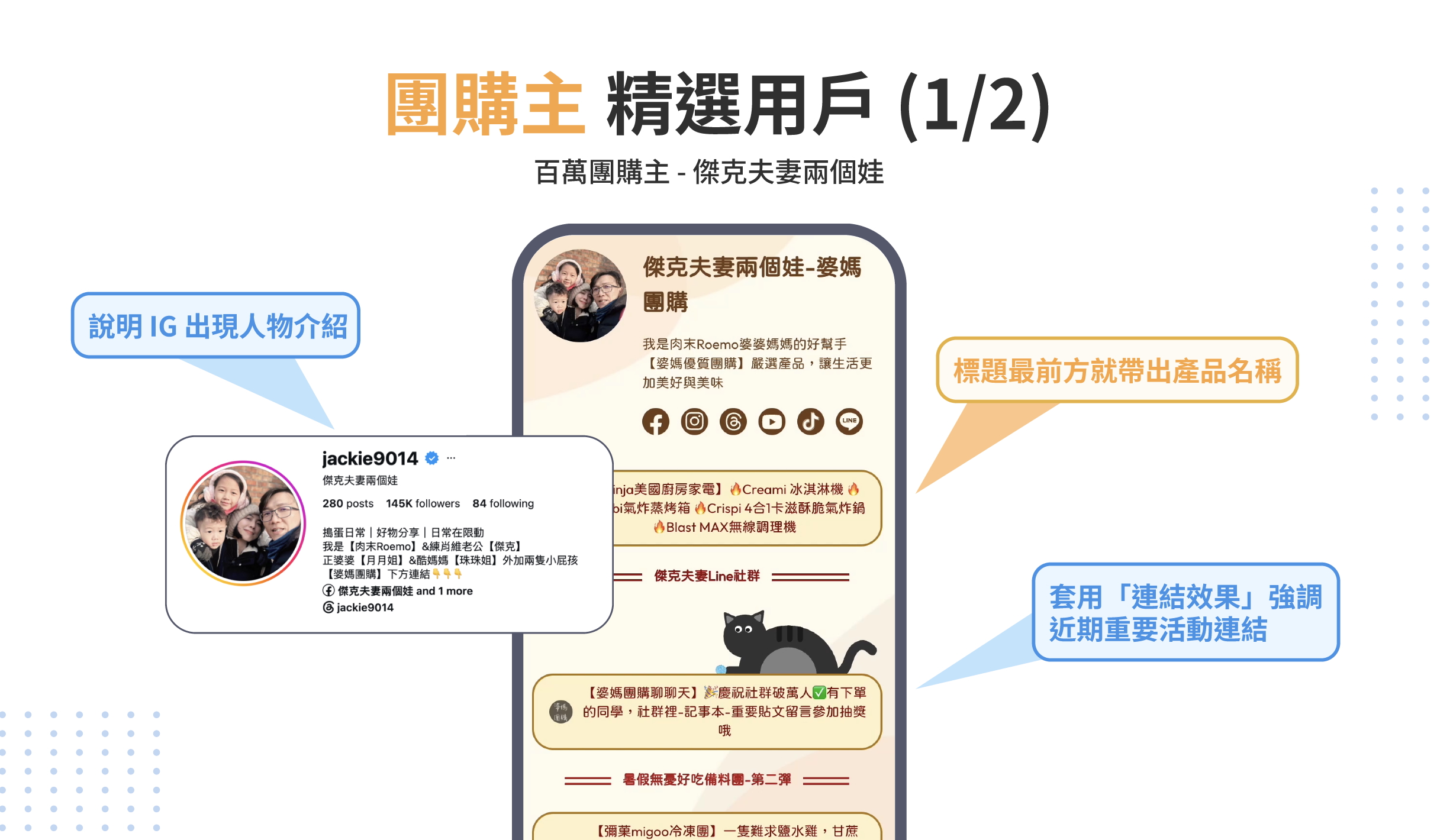 以 LINKGOODS 百萬團購主為例示範社群自介要打什麼，以及多連結工具如何運用